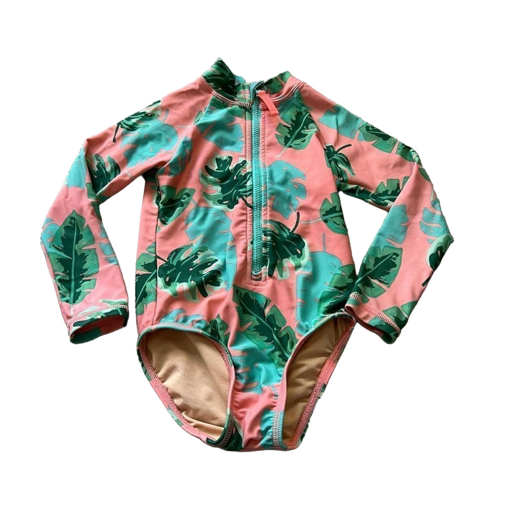 Crewcuts Rashguard Long Sleeve UPF 50 Girl’s Tropical Zip Swimsuit - 2